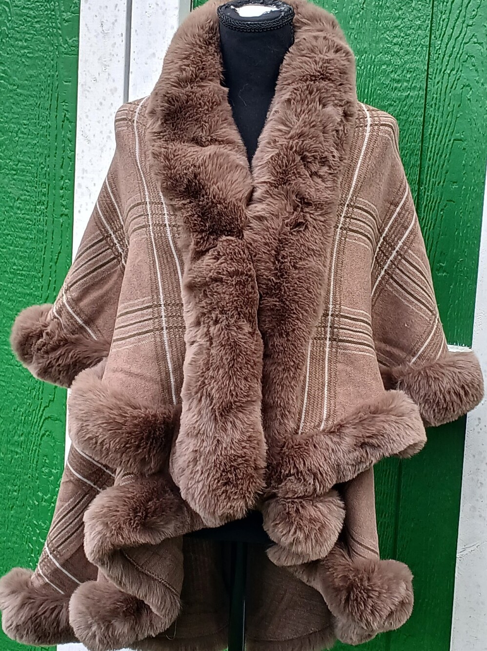 Magnificent Mocha Plaid Wrap Jacket With Faux Fur Accents - Picture 5 of 16